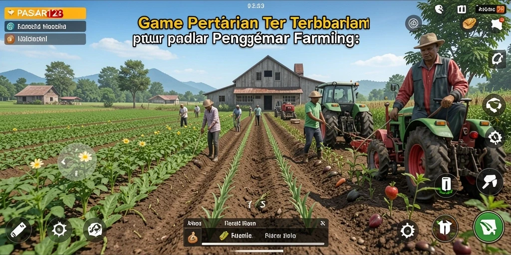 Tampilan layar permainan PASAR123 dengan ladang yang subur dan beragam tanaman.